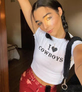 I Love Cowboys Women’s White Baby Tee – Western Style Crop Top